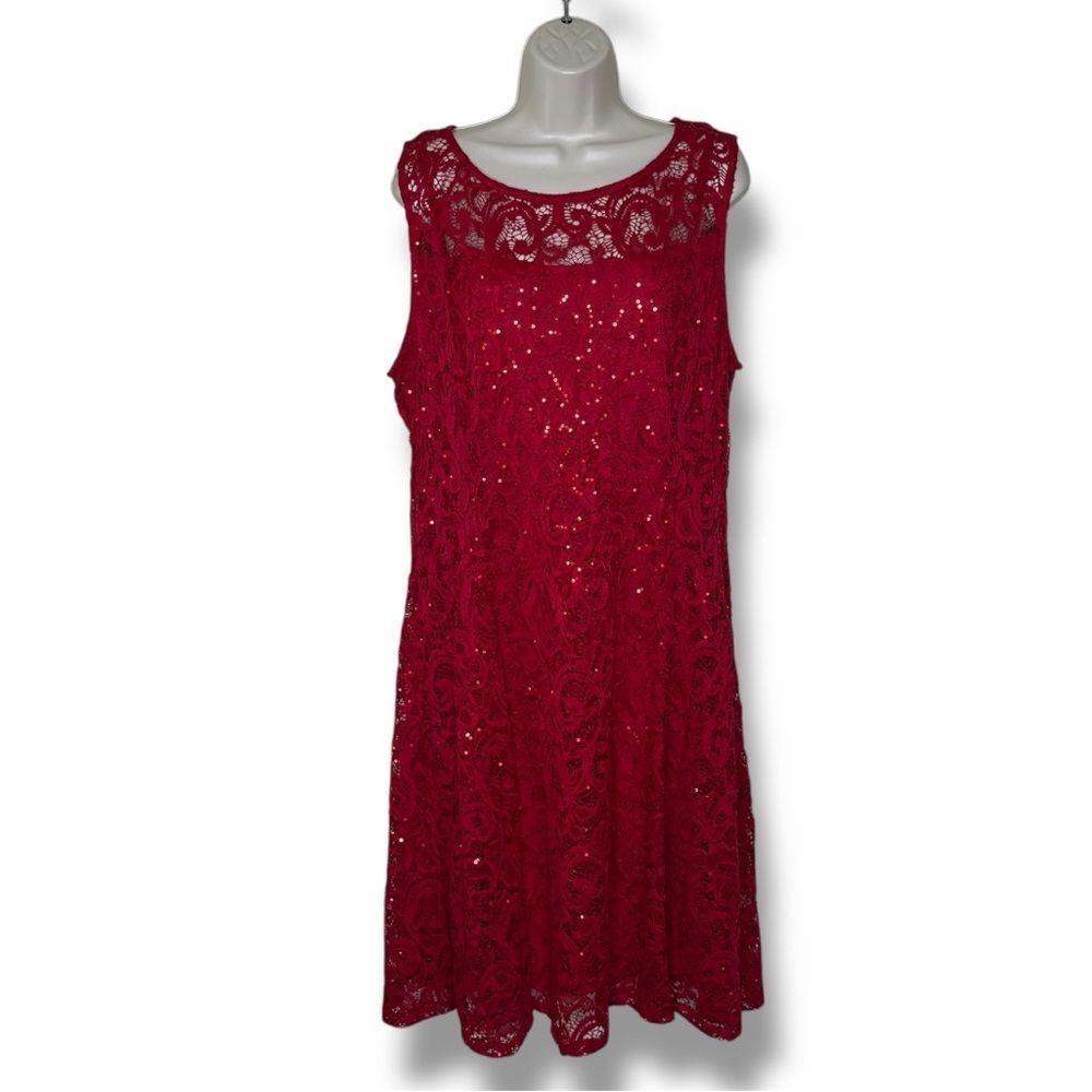 NWT Liz Claiborne Red Lace Sequin Fit and Flare Dress Sleeveless Lined Women 16